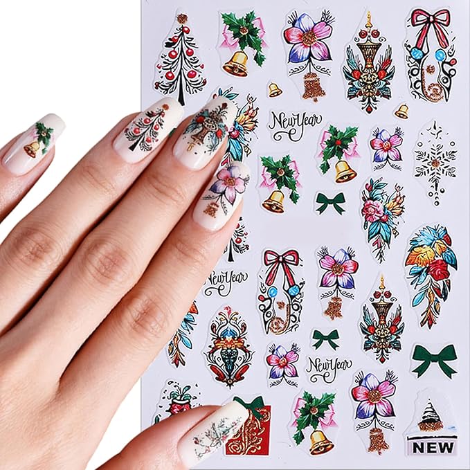 Christmas Nail Art Stickers 3D Self-Adhesive Holly Sprig Bow Snowman Glitter Xmas Tree Designs Nail Stickers Santa Claus Elk Flower Nail Decal for Women DIY New Year Manicure Decoration 5 Sheets