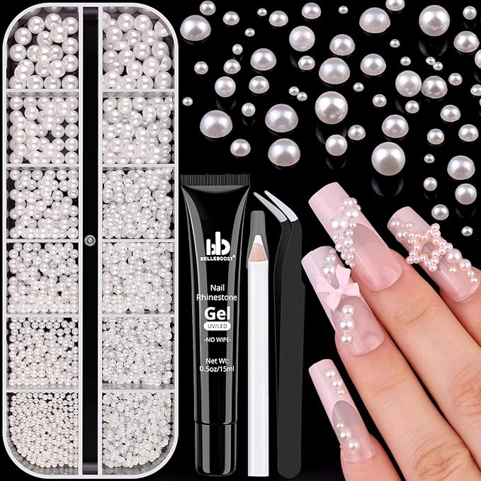 1 Box Nail Pearls Kit for Nail Art with Rhinestone Glue, White Pearl Nail Charms for Nails Design (Flatback+Round), Nail Charms and Gems for Manicure Decor with Pickup Pencil and Tweezers