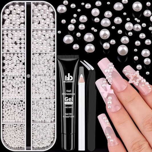 1 Box Nail Pearls Kit for Nail Art with Rhinestone Glue, White Pearl Nail Charms for Nails Design (Flatback+Round), Nail Charms and Gems for Manicure Decor with Pickup Pencil and Tweezers