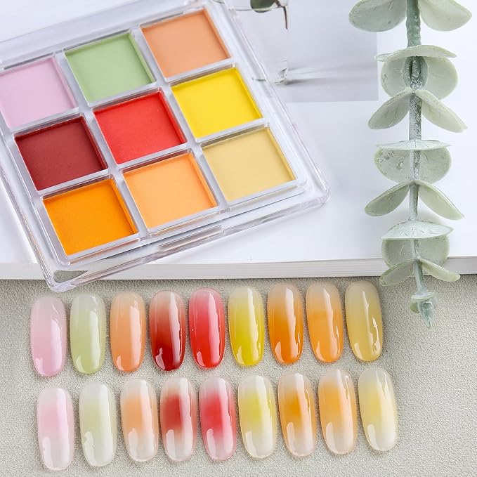 Nail Pigment Powder 9 Colors Nail Pigment Palette Gradient Ombre Color Nails Fine Solid Neon Powder for DIY Design Manicure Beginners -Includes 5 Sponge Sticks 1 Brush #10