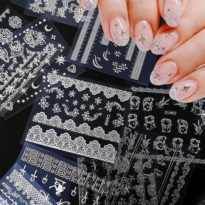 30 Sheets Star Moon Nail Stickers Cute Little Cat Nail Art Stickers 3D Silver Heart Nail Decals Self-Adhesive Retro Nail Supplies Line Flower Leaf Nail Art Design Manicure for Women DIY Acrylic Nails