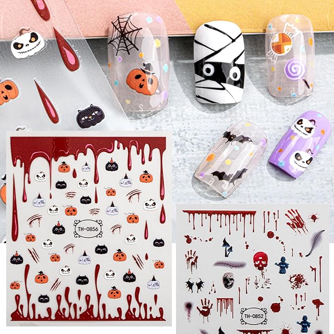 Halloween Nail Stickers - Halloween Nail Decals,3D Self-Adhesive Ghost Skull Elements Nail Art Decals Holiday Nail Stickers for Women Grils (6 Sheets)