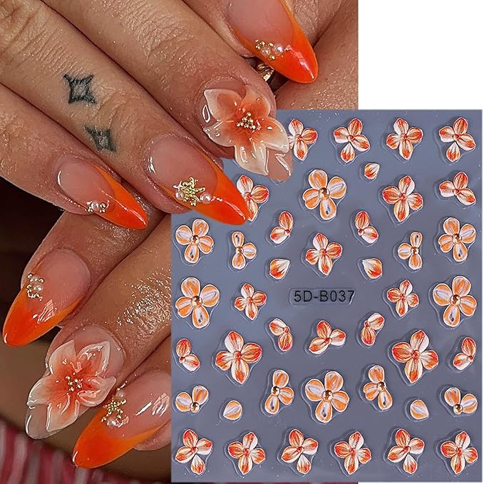 1 Sheets 5D Embossed Flower Nail Decals for Nail Art Self-Adhesive Cute Floral Nail Art Stickers Hawaii Flowers Nail Stickers Fall Nail Design Sticker for Women DIY Nail Decoration