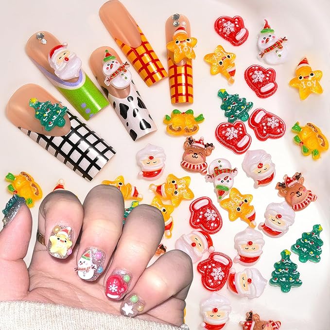 100Pcs Christmas Nail Charms and Gems 3D Christmas Tree Santa Claus Snowman Deer Nail Rhinestones Jewelry Supply Christmas Xmas Nail Art Charms for Women DIY Manicure Holiday Party Nails Decoration