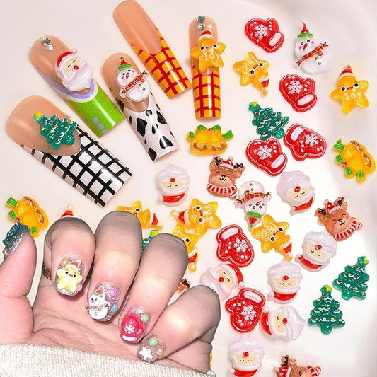 100Pcs Christmas Nail Charms and Gems 3D Christmas Tree Santa Claus Snowman Deer Nail Rhinestones Jewelry Supply Christmas Xmas Nail Art Charms for Women DIY Manicure Holiday Party Nails Decoration