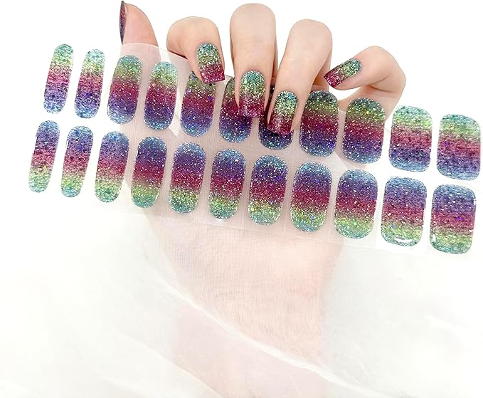 Semi Cured Gel Nail Strips Glitter Gel Nails Sticker 22pcs Rainbow Sequins Nail Wraps for Home Nails DIY