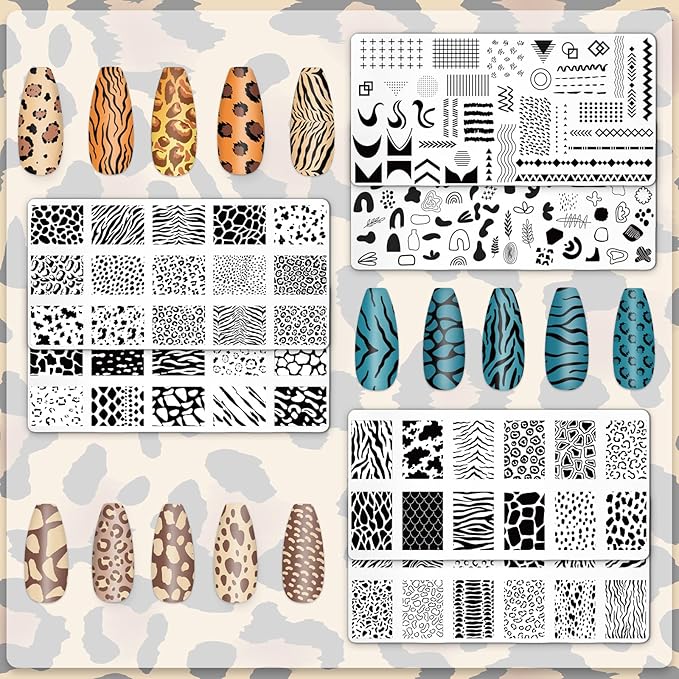 Whaline 6Pcs Animal Print Nail Plates Stamping Set Leopard Print Stamp Templates Nail Art Plates for DIY Print Manicure Salon Design Gift