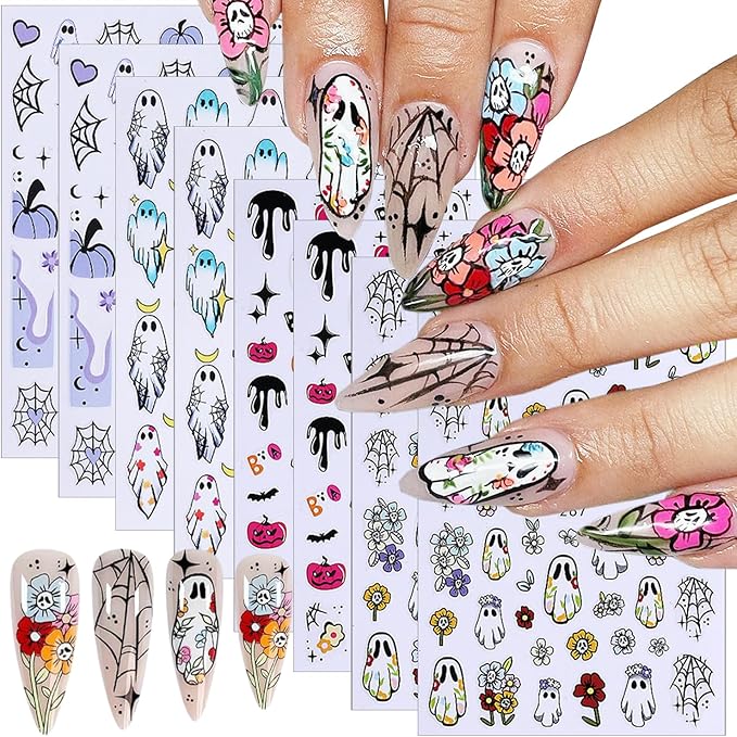 8 Sheets Halloween Nail Art Stickers Decals 3D Self-Adhesive Heart Spider Web Pumpkin Skull Flower Nail Decals Cute Ghost Nails Decorations Gothic Nail Stickers for Women Halloween Manicure Supplies