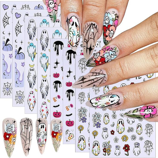 8 Sheets Halloween Nail Art Stickers Decals 3D Self-Adhesive Heart Spider Web Pumpkin Skull Flower Nail Decals Cute Ghost Nails Decorations Gothic Nail Stickers for Women Halloween Manicure Supplies