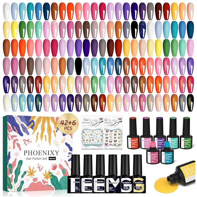 phoenixy 50 Pcs Gel Nail Polish Set, 42 Colors Gel Nail Polish Kit with Base & Top Coat Pink Red White Nail Polish Starter Kit Gifts for Women Girls