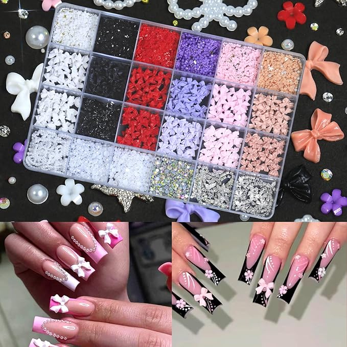 HNUIX Bow Nail Charms - 3D Multiple Colors, Butterfly, Flower, Pearls, Flat Back Rhinestones, with Kit, for Nail Art