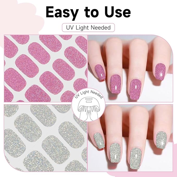 Semi Cured Gel Nail Strips 2 Set, (Glitter Silver/Pink) 56 Pcs Gel Nail Wraps,Stickers Works with Any UV/LED Lamps,Long Lasting,Salon-Quality, Easy to Apply
