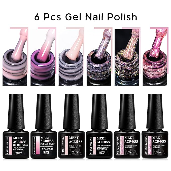 MEET ACROSS Gel Nail Polish Set 6 Pcs Glitter Colors Gel Nail Kit Art Design Soak Off UV LED (SET-8, 6pcs)