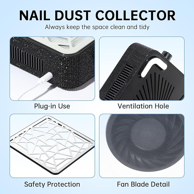 Nail Dust Collector, Powerful Vacuum Fan Vent Dust Collector Extractor Dust Suction Machine for Acrylic Nails Polishing, Nail Salon&Home, Black Diamond