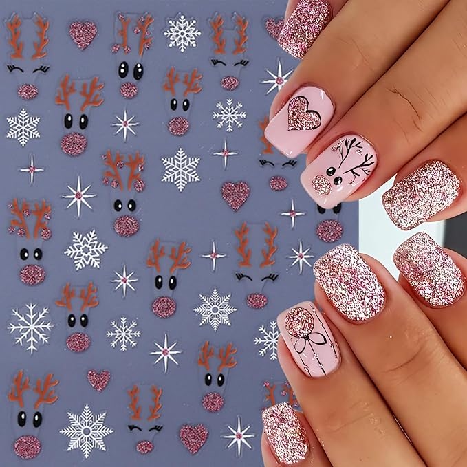 6 Sheets Christmas Glitter Elk Nail Art Stickers 3D Self-Adhesive White Snowflake Cute Reindeer Nail Design Red Pink Glitter Heart Nail Decor for Women Winter Xmas Holiday Manicure DIY Nail Supplies