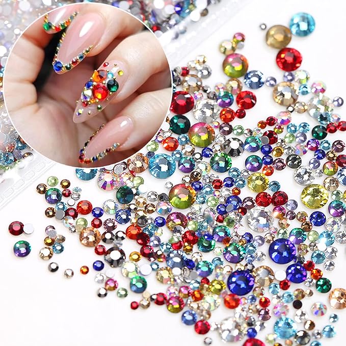 1140Pcs Colorful Rhinestones Nail Charms,3D Sparkling Flat Back Nail Rhinestones Mini Nail Gems for Acrylic Crystals Half Rounded Nail Diamonds Bling Nail Jewelry Accessories DIY Glitter for Crafts