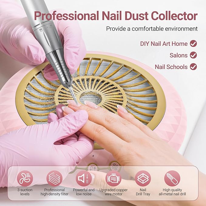 Nail Dust Collector 5000RPM Quiet Vacuum Fan - 30000RPM Nail Drill Electric File with Multiple Professional Grinder Bits(2 in 1 Set),Home & Salon Manicure - Beginners & Pros