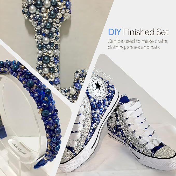 60g Blue White Pearls Rhinestones for Crafts Mixed Size 3mm-10mm AB Color Round Half Pearls Flatback Pearl Beads and Resin Rhinestones Set for Face Art with Gel
