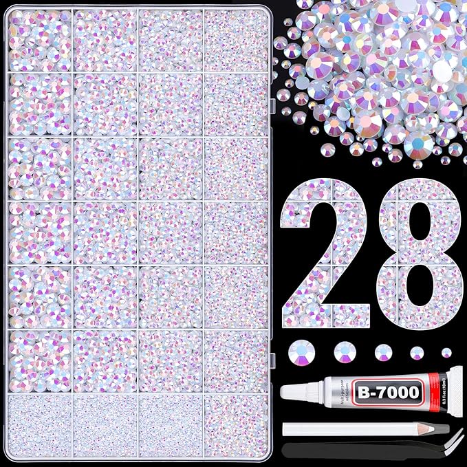 30000Pcs Resin Rhinestones for Bedazzling with B7000 Jewelry Glue, White AB Flatback Gems Rhinestones for Crafting, Clothing Tumblers Mugs Shoes Fabric Decor Nail Art