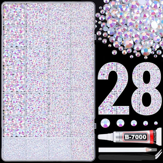 30000Pcs Resin Rhinestones for Bedazzling with B7000 Jewelry Glue, White AB Flatback Gems Rhinestones for Crafting, Clothing Tumblers Mugs Shoes Fabric Decor Nail Art