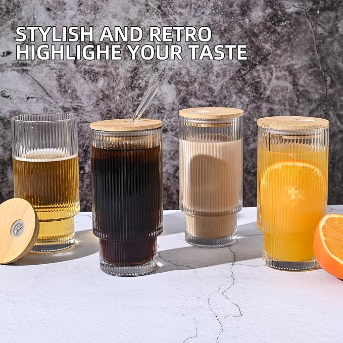 Drinking Glasses with Bamboo Lids and Glass Straw 4pcs Set, 16oz Glass Tumbler - Image 5