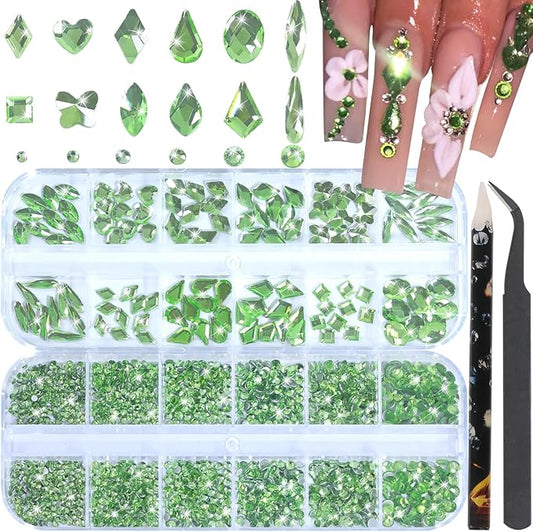 Nail Rhinestones - 3D Multi Shape Size, Flat Back, Manicure Rhinestones Charms, Crystal Light Green Gems, with Kit, for Nail Art, Bedazzling Acrylic Nails, DIY Decor