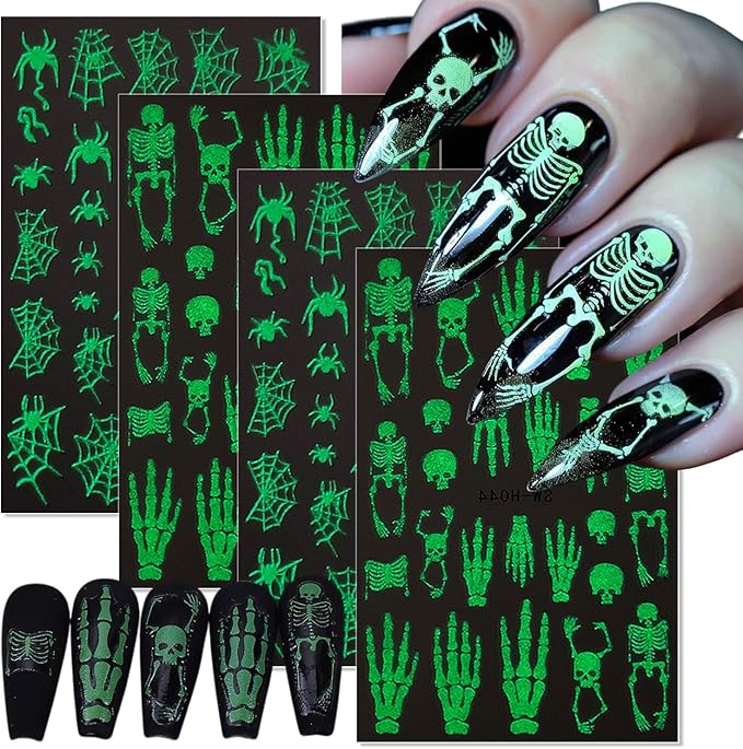 Halloween Nail Art Stickers Decals Horror Skull Spider Web Nail Decals Glow in The Dark Halloween 3D Self-Adhesive Nail Stickers for Nail Art DIY Manicure Tip Holidays Nails Decoration 4 Sheets