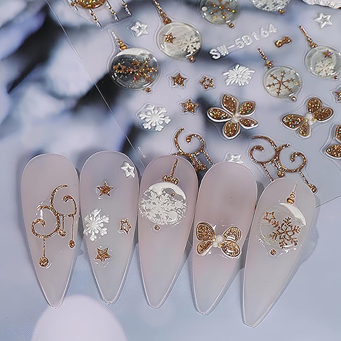 3 Sheets Christmas Nail Art Stickers 5D Embossed Christmas Snowflake Elk Self-Adhesive Gold Glitter Bowknot Nail Design Cute Bear Bell Snowman Women Nail Decoration