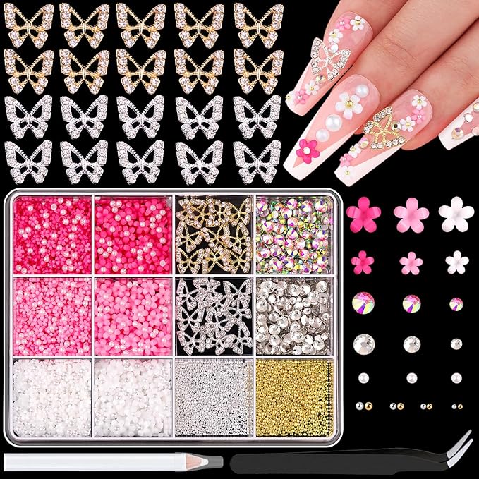 3D Nail Charms and Gems Set 3, 20PCS Gold and Silver Chunky Butterfly Nail Charms with Rhinestones, 3D Flowers for Nails, Crystal and Pearls + Metal Caviar Beads + Picker Tool for Y2K Nail Decoration