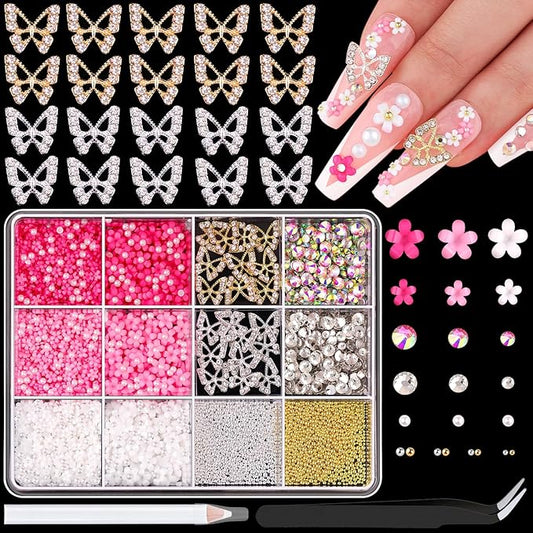 3D Nail Charms and Gems Set 3, 20PCS Gold and Silver Chunky Butterfly Nail Charms with Rhinestones, 3D Flowers for Nails, Crystal and Pearls + Metal Caviar Beads + Picker Tool for Y2K Nail Decoration