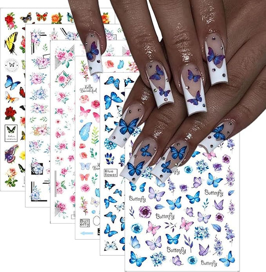 6 Sheets Colorful Butterfly Nail Art Sticker Decals Spring Summer 3D Self-Adhesive Nail Decals Pink Floral Nail Supplies Blue Purple Yellow Butterfly Nails Designs Supplies for Women Nail Decoration