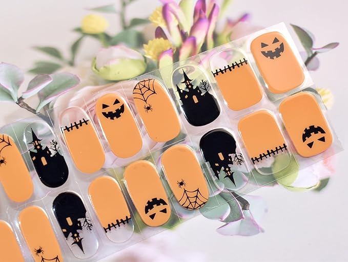 Semi Cured Gel Nail Strips Orange Gel Nails Sticker 22pcs Halloween Spider Nail Wraps for Home Nails DIY