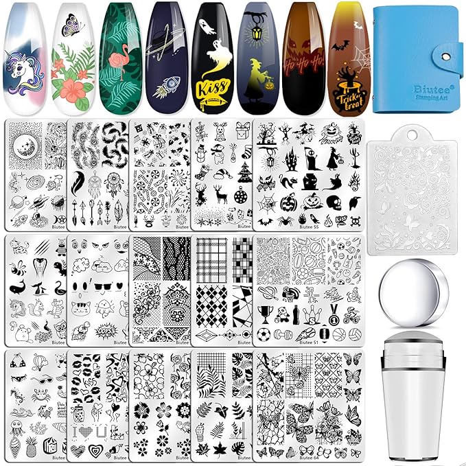Biutee Nail Stamping Plates Set 15PCS Nail Art Stamper Scraper Nail Art Stamping Kit with Storage Bag Gift Box Nail Stamp Template Kit Lace Flower Butterfly Star Christmas Halloween Holiday Design