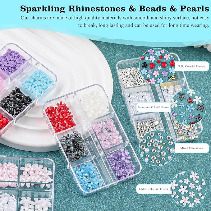 4 Boxes 3D Flower Nail Charms and Gems - Colorful Nail Flower Charms Crystal AB Clear Gemstones Silver/Gold Caviar Beads White/AB Pearls for Women DIY Manicure Crafts (21-S4-Colorful1)