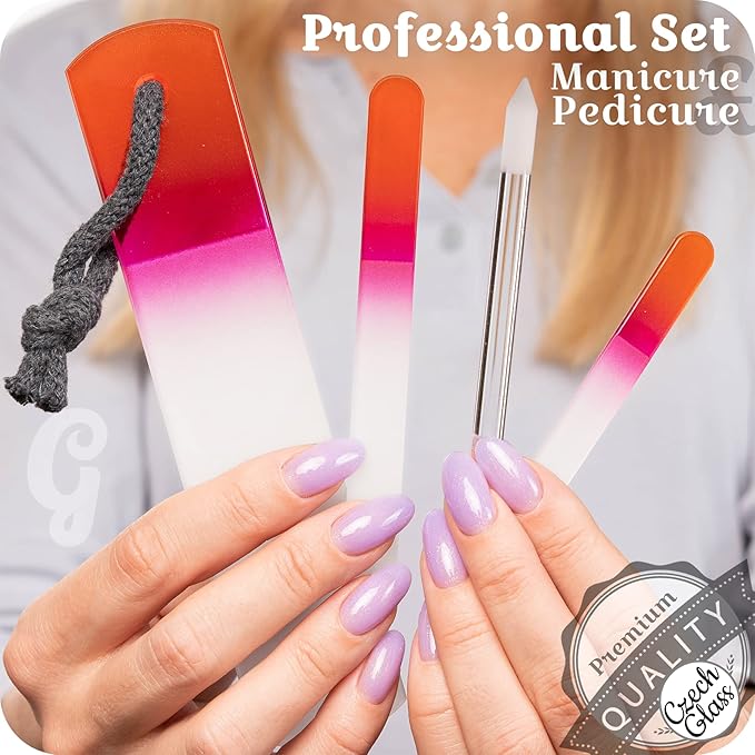 GLADZY Genuine Czech Glass Nail File Set - Callus Remover Foot Rasp, Cuticle Pusher Manicure Stick, Double Sided Etched Different Grit Surface, Professional Nail Care Tool, Made in EU