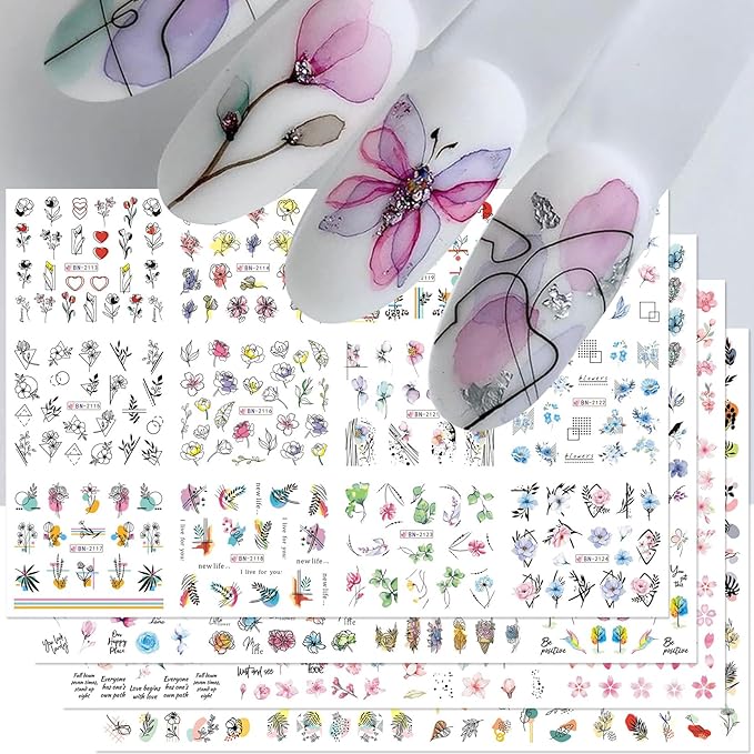 Flower Decals Nail Art Stickers 48 Designs Spring Water Transfer Stickers for Nails Colorful Flower Leaf Cherry Blossoms Rose Pattern DIY Decoration Nail Supplies for Women Girl 4 Sheets