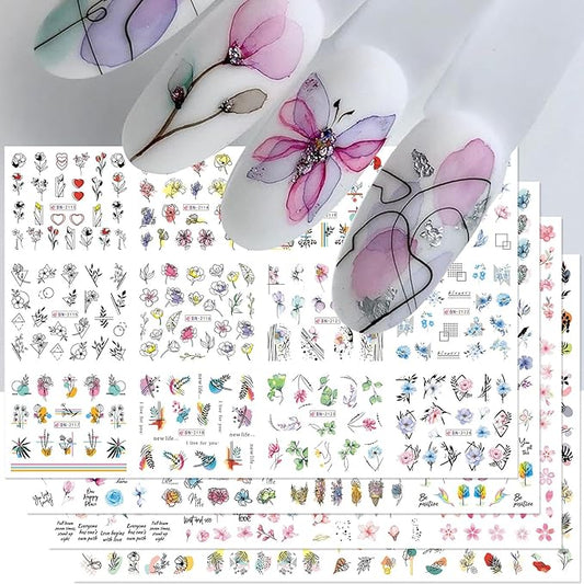 Flower Decals Nail Art Stickers 48 Designs Spring Water Transfer Stickers for Nails Colorful Flower Leaf Cherry Blossoms Rose Pattern DIY Decoration Nail Supplies for Women Girl 4 Sheets