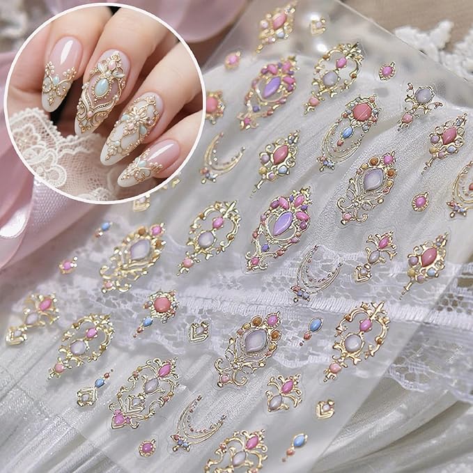 5D Embossed Gemstone Nail Stickers Gold Vintage Frame Nail Designs Flower Rose Golden 5D Self-Adhesive Luxury Baroque-Style Scepter Nail Decals for Women DIY Manicure 1 Sheet