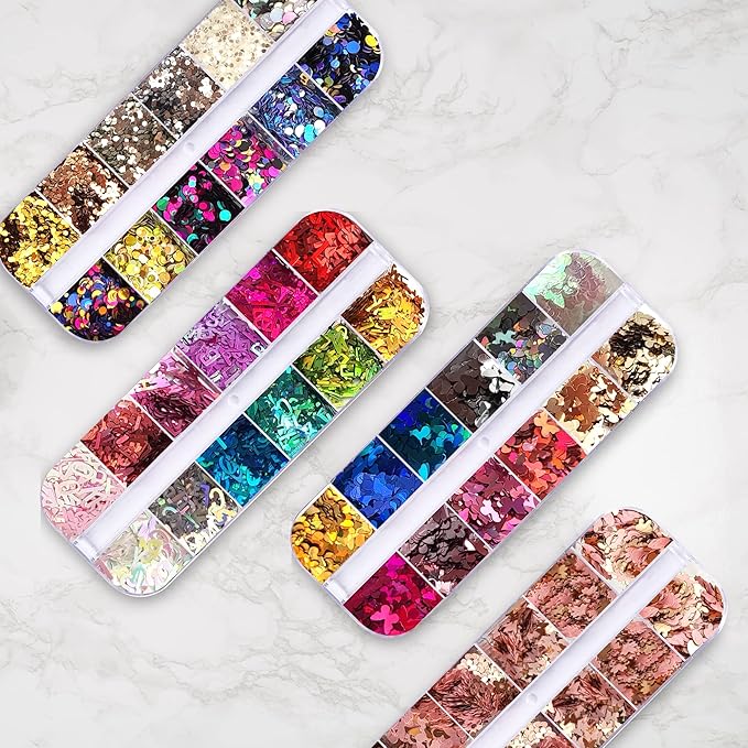 AddFavor 4 Boxes Nail Glitter Sequins Kit Mixed Shape Holographic Butterfly Flower Round Heart Nail Art Flakes for Women Body/Face/Hair/Acrylic Nails Decoration Designs Accessories