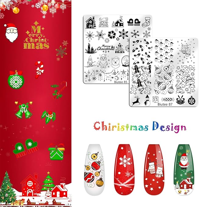 Biutee Nail Stamping Plates Set 16PCS Nail Stamper Kit with Nail Stamper, Scraper & Storage Bag Nail Art Stamping Plates Halloween Christmas Butterfly Star Flower Leaf Bowknot Design Nail Stamping Kit