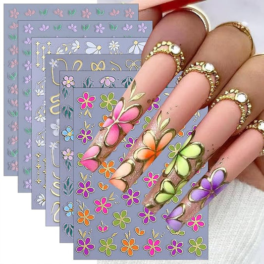 6 Sheets Flower Nail Stickers for Nail Art Pink Purple White Flowers Nail Decals French Line Bow Nail Art Stickers 3D Self-Adhesive Leaf Daisy Nail Decoration for Women Girls Nail Design Supplies