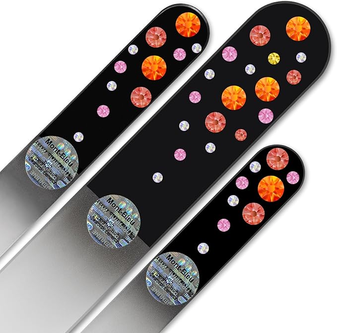 Mont Bleu Set of 3 Glass Nail Files Hand Decorated with Crystals from Swarovski® | Hand Made, Czech Tempered Glass, Lifetime Guaranty