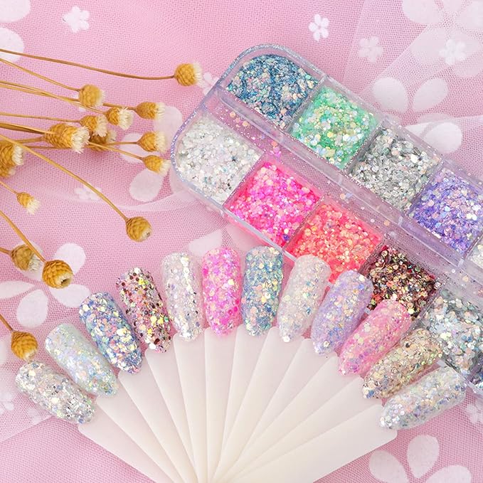 12 Colors Iridescent Glitter Nail Art Sequins, Colorful Sparkly Nail Flakes Design, Holographic Ultra-Thin Hexagon Powder Acrylic Supplies for Women Girls Manicure Summer Decorations, 3D Accessories