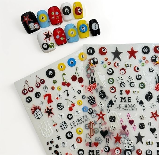3D Nail Stickers for Pool & Dice Design - Cartoon Style Press-on Nail Art Decals (2 Sheets) - Cute Textured Manicure DIY Accessories