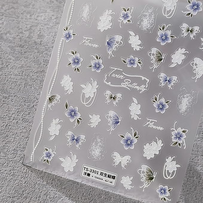 Flower Nail Stickers 5D Embossed Nail Art Stickers Decals Self-Adhesive Butterfly Floral Nail Supplies Spring Nail Art Design Decoration Accessories(1, Flower Butterfly)