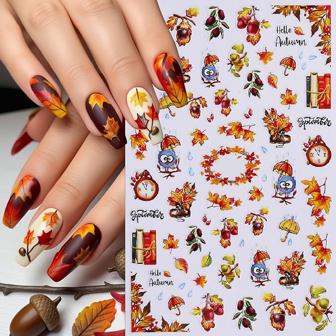 Fall Maple Leaf Nail Art Stickers Autumn Leaves Mushroom Deer Design Self-Adhesive Nail Sticker Fox Pumpkin Wheat Ears Nail Decals for Nails Women Girls Thanksgiving Day DIY Manicure Decor 6 Sheets