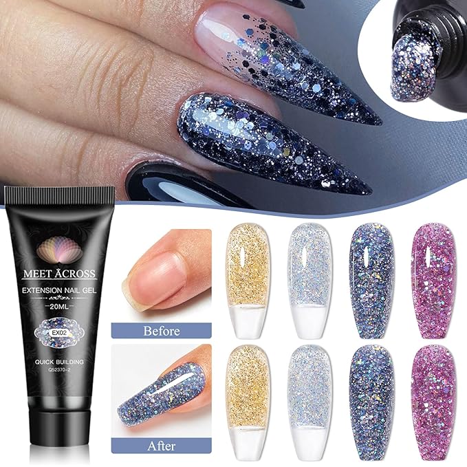 MEET ACROSS Poly Nail Gel 10Pcs Nail Extension Gel Set and Nail Extension Starter Kit for Beginners Nail Art DIY Home Gifts for Women (Glitter-2, 12pcs)