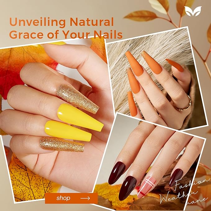Morovan Fall Nail Polish Set: 6 Gold Maple Leaf Nail Polish Kit 2025 Glitter Autumn Fingernail Pumpkin Yellow Burnt Orange Art Quick Dry Nail Regular Mini Bulk Manicurist Women Girls Gift