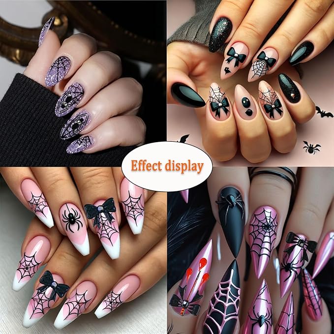 Halloween Nail Stickers Spider Web 5D Embossed Self-Adhesive Nail Decals with Rhinestones Cute Black Bow-Knot Spider Web Pattern Nail Art Designs for Halloween Party DIY Manicure Decorations 3 Sheets