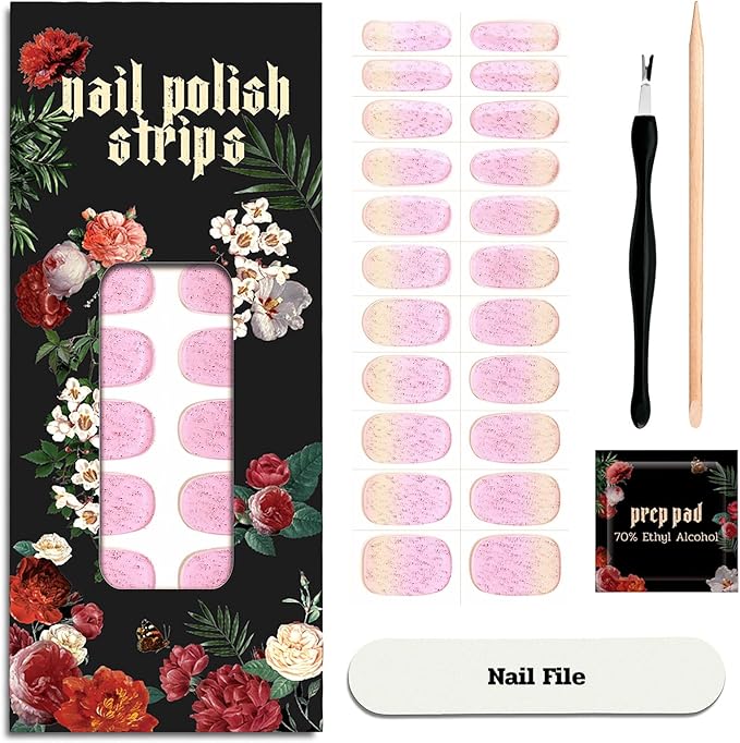 Nail Polish Strips - 22 Pcs Salon Quality Gel Nail Stickers - Long Lasting Wraps (Vintage Rose Glitter)